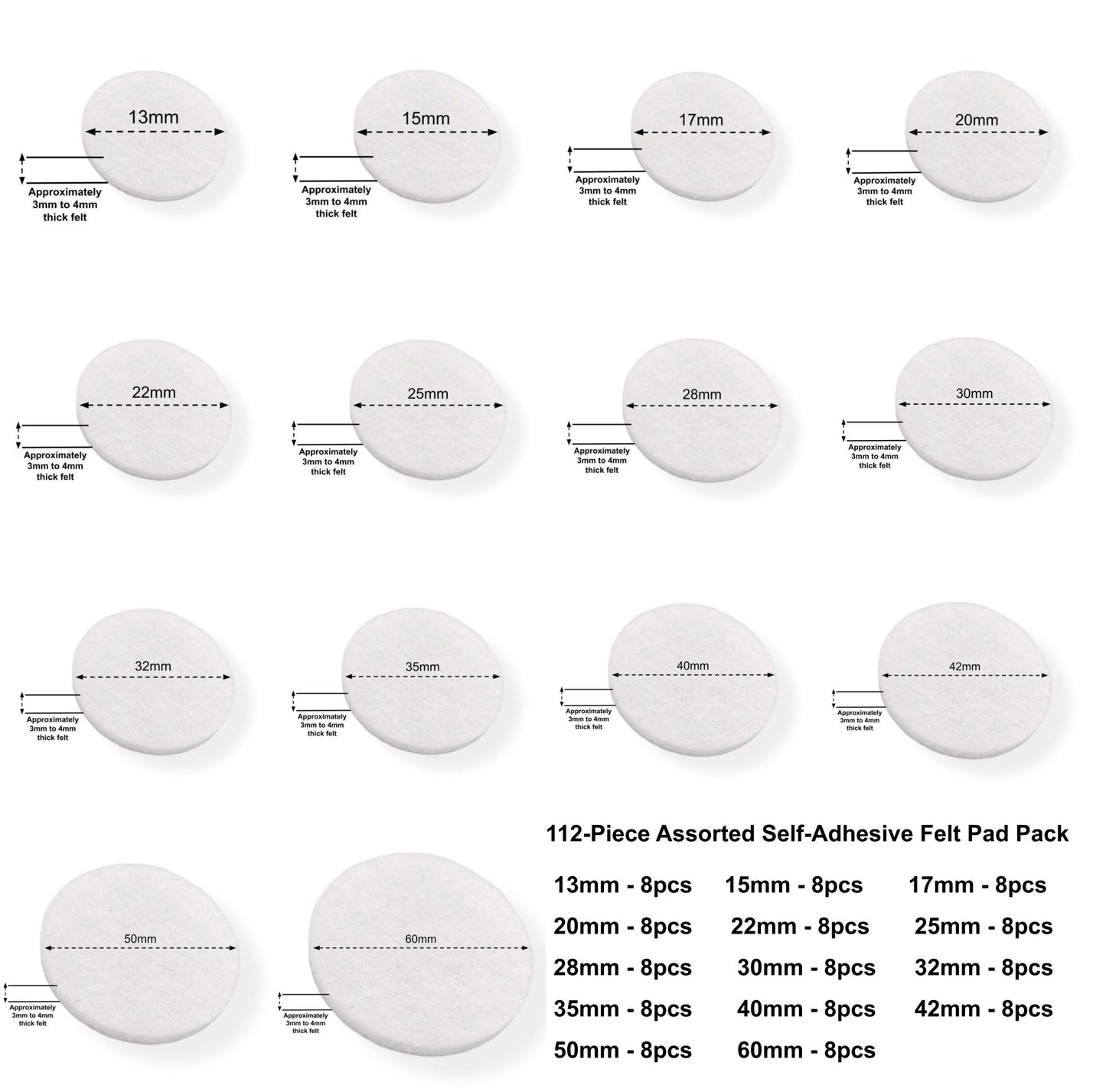 112pcs Felt Pads Round Self Adhesive - White - Assorted Sizes | Made in Germany | Keay Vital Parts