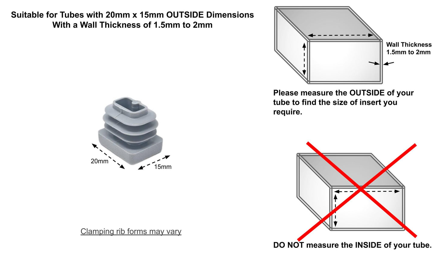 20x15mm Rectangular Tube Inserts (Available in Black, White & Grey) | Made in Germany | Keay Vital Parts - Keay Vital Parts