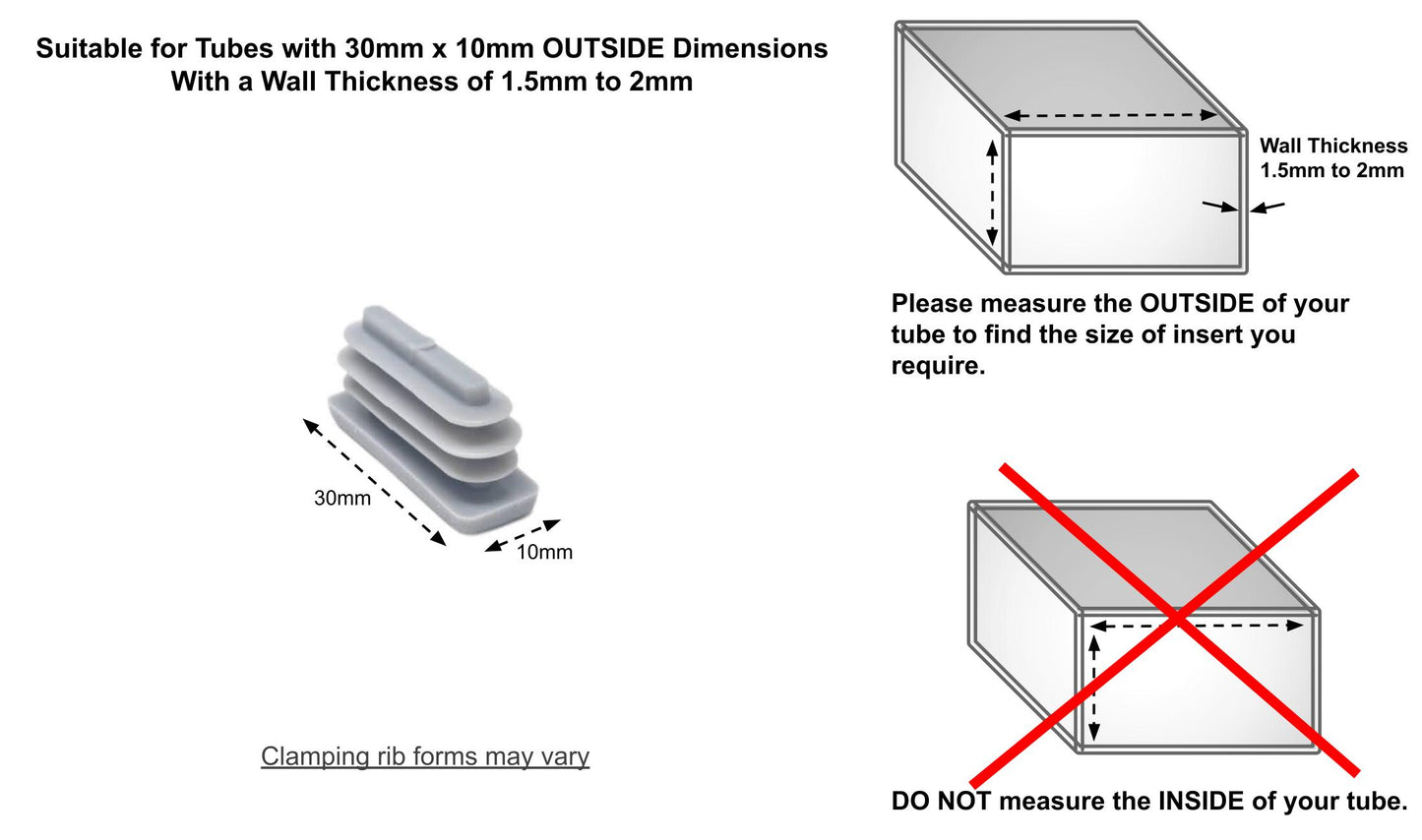 30x10mm Rectangular Tube Inserts (Available in Black, White & Grey) | Made in Germany | Keay Vital Parts - Keay Vital Parts