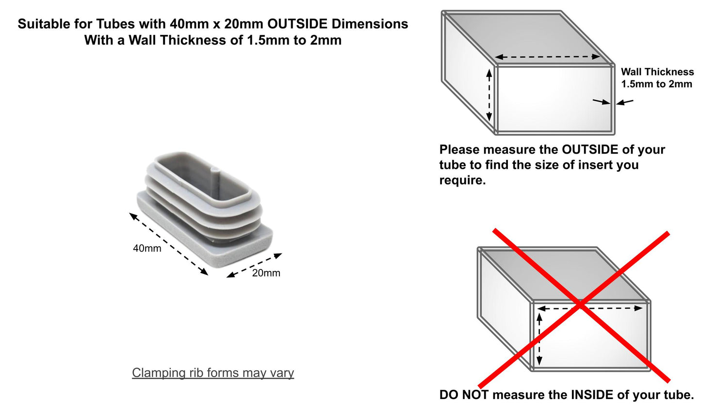 40x20mm Rectangular Tube Inserts (Available in Black, White & Grey) | Made in Germany | Keay Vital Parts - Keay Vital Parts