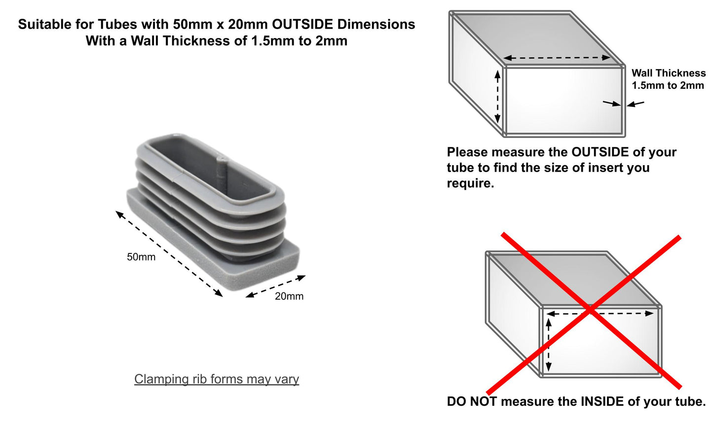 50x20mm Rectangular Tube Inserts (Available in Black, White & Grey) | Made in Germany | Keay Vital Parts - Keay Vital Parts