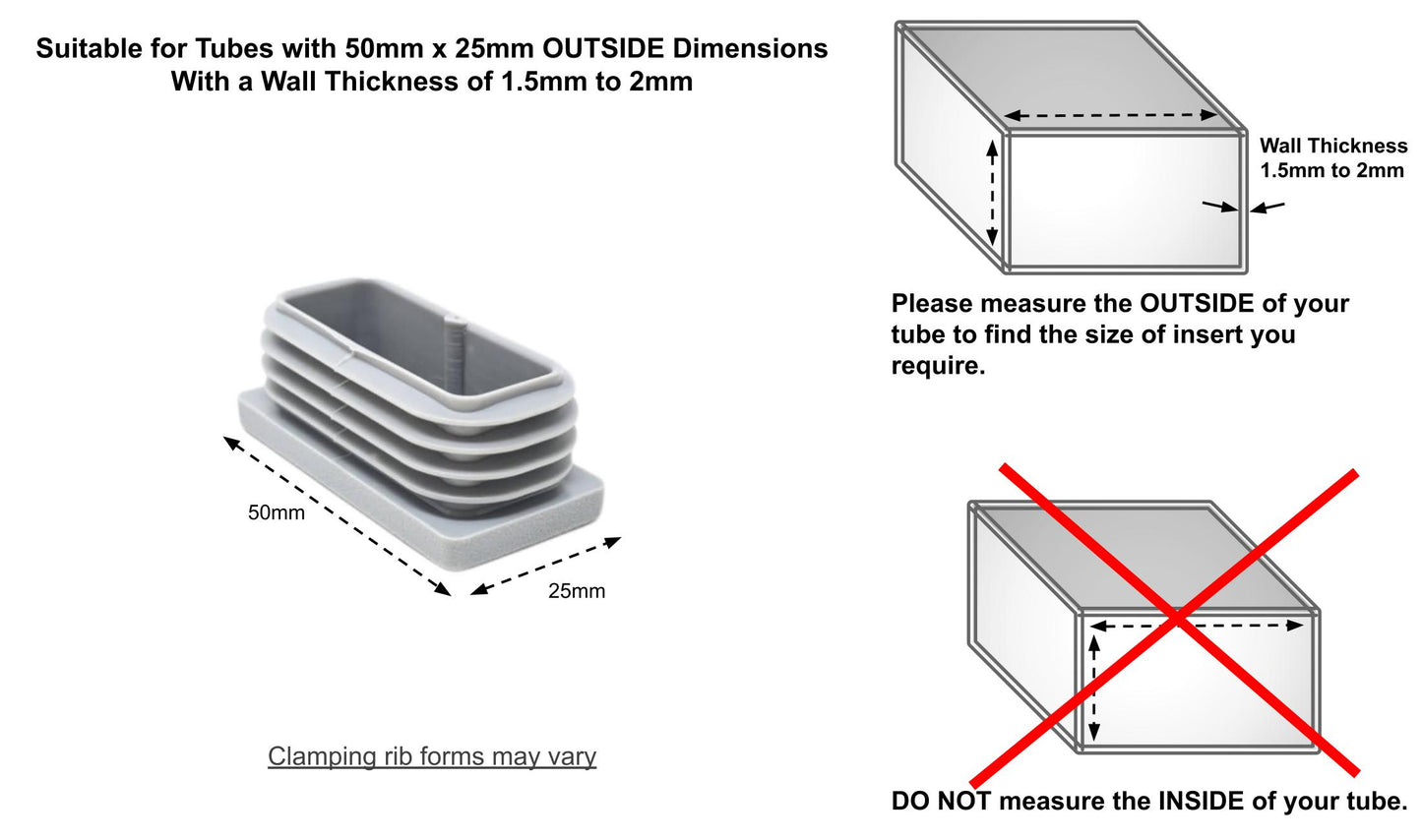 50x25mm Rectangular Tube Inserts (Available in Black, White & Grey) | Made in Germany | Keay Vital Parts - Keay Vital Parts