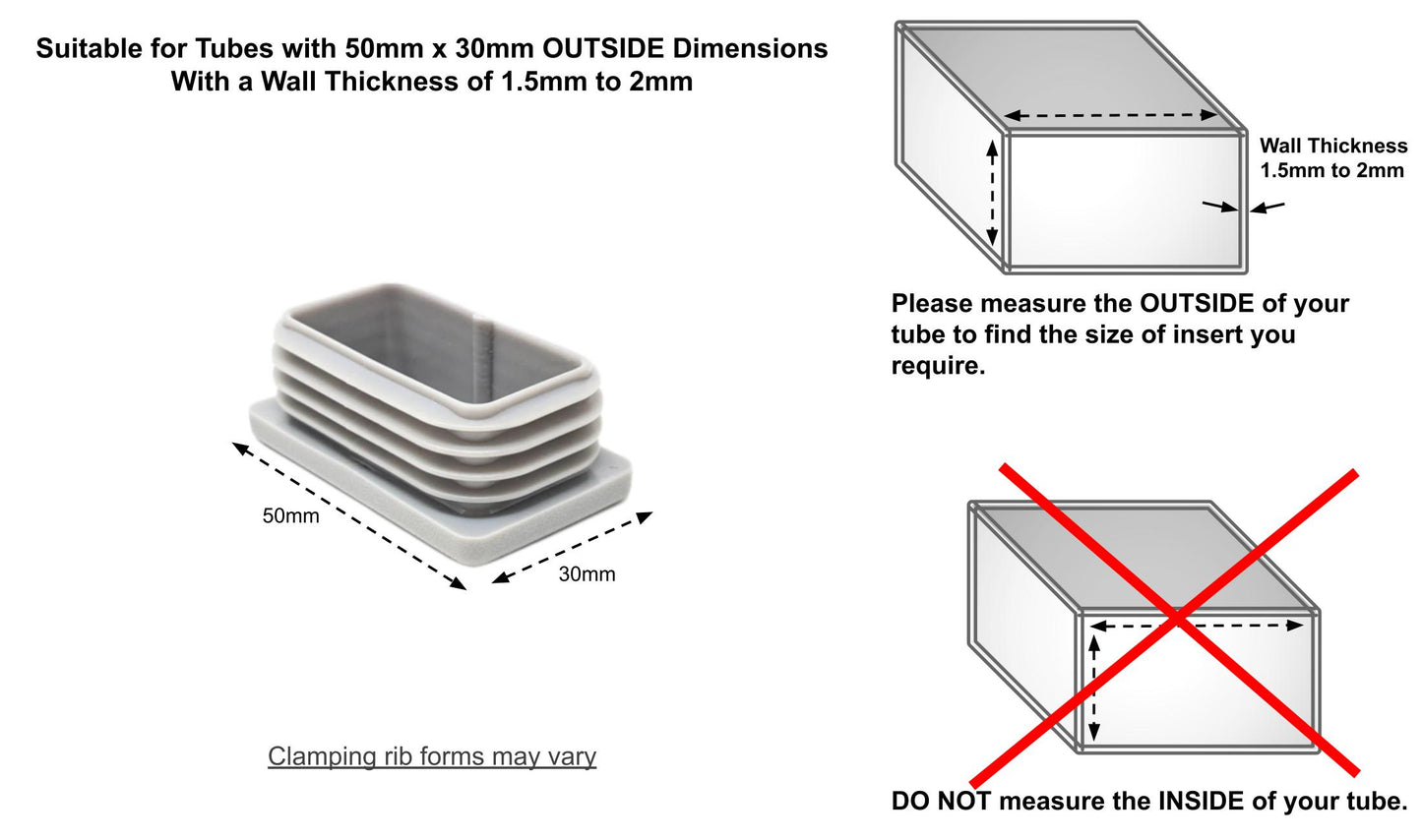 50x30mm Rectangular Tube Inserts (Available in Black, White & Grey) | Made in Germany | Keay Vital Parts - Keay Vital Parts