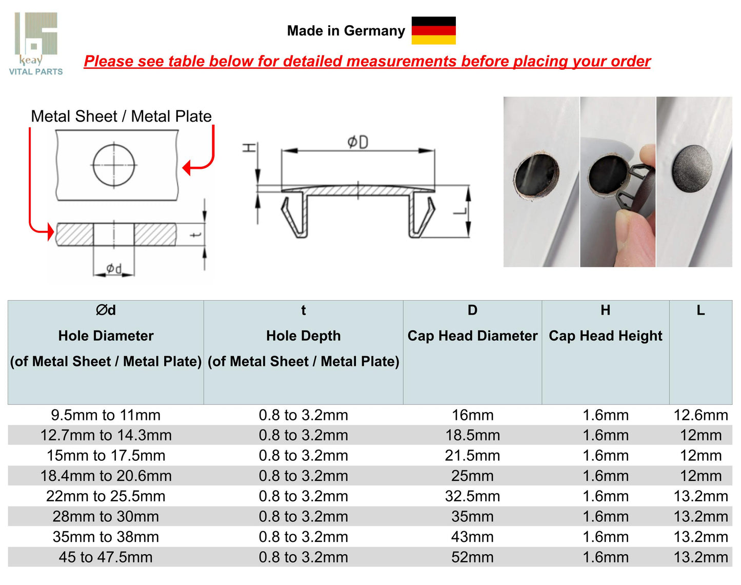 Plastic Hole Cover Caps, Clip-in Finishing Insert Plugs | Available to Fit Holes 9.5mm to 47.5mm | Keay Vital Parts | Made in Germany