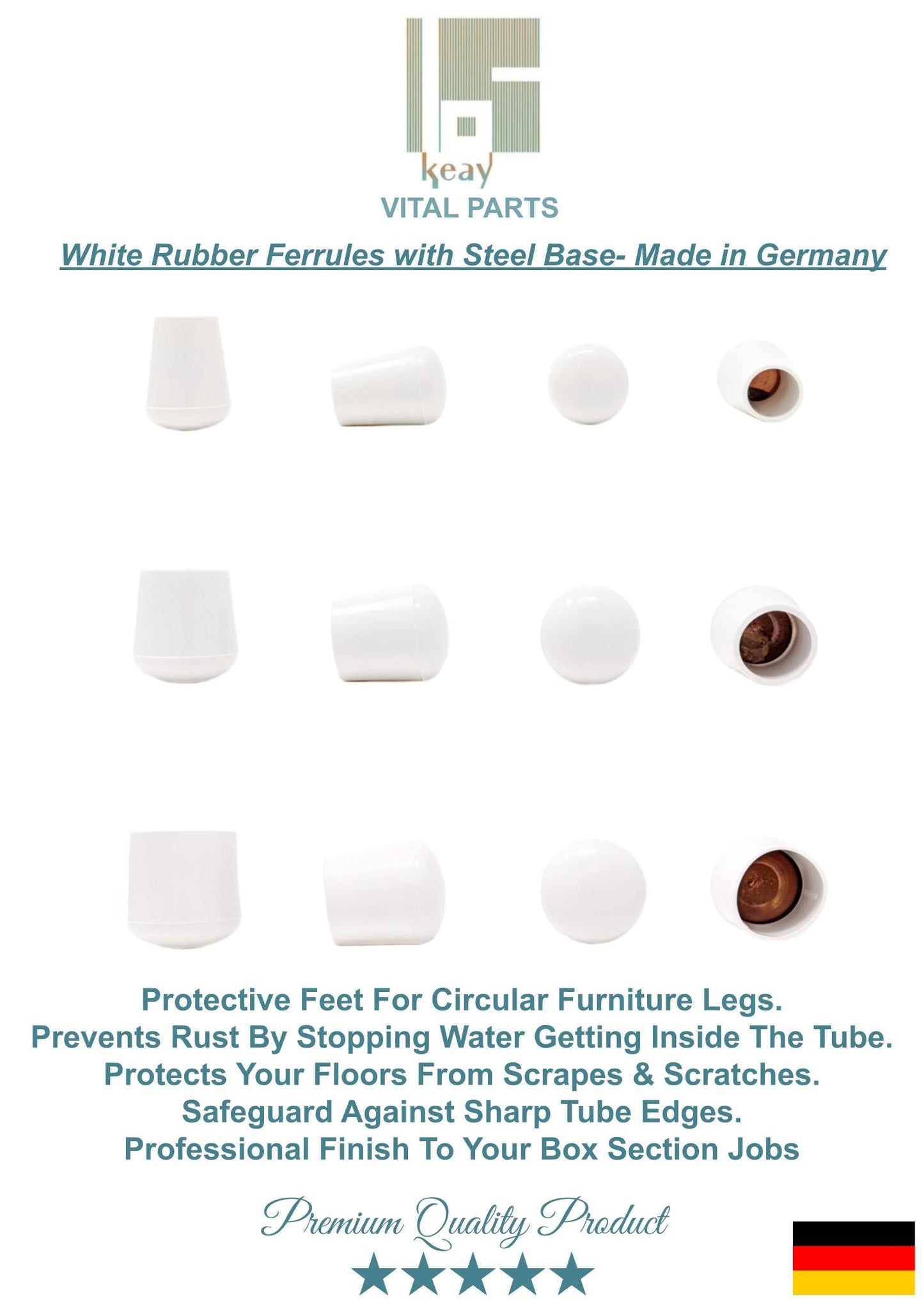 33.5mm White Rubber Ferrules with Steel Base Insert - Made in Germany - Keay Vital Parts