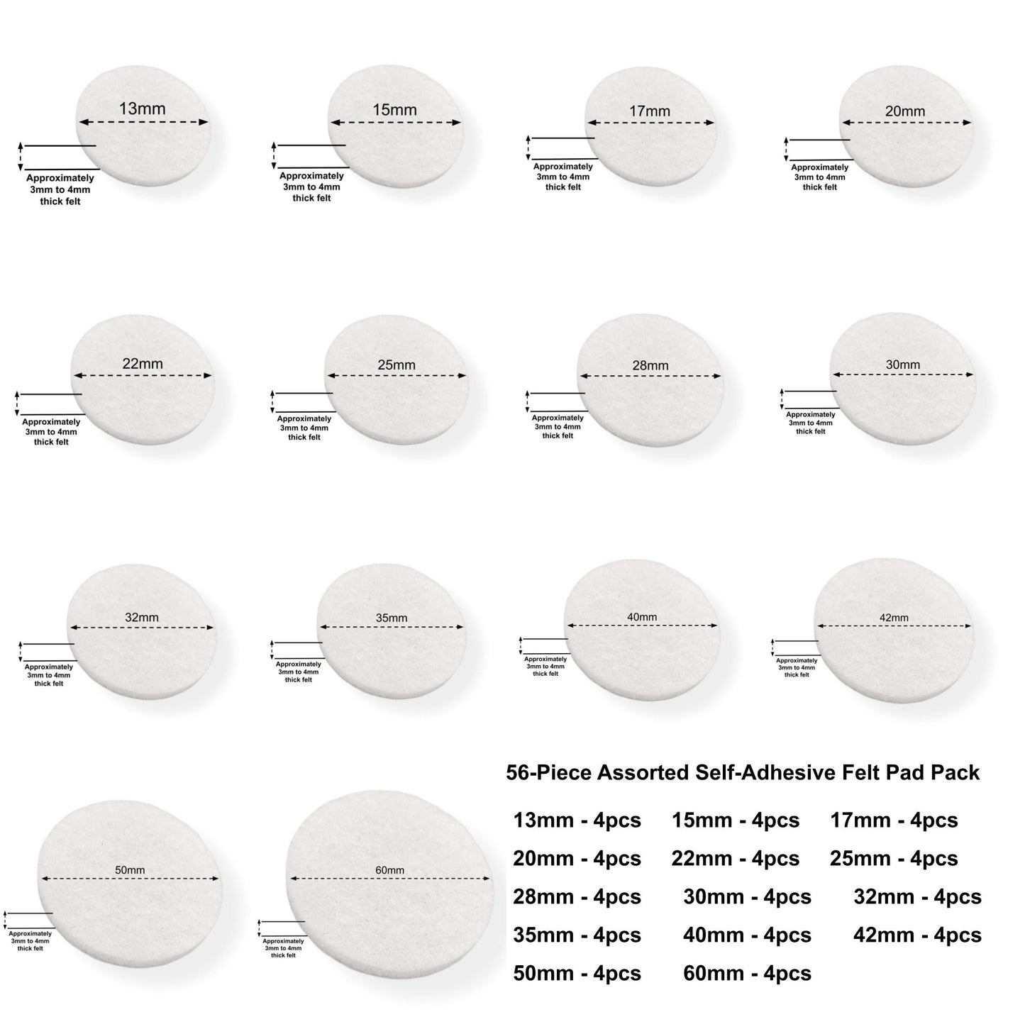 56pcs Felt Pads Round Self Adhesive - White - Assorted Sizes | Made in Germany | Keay Vital Parts