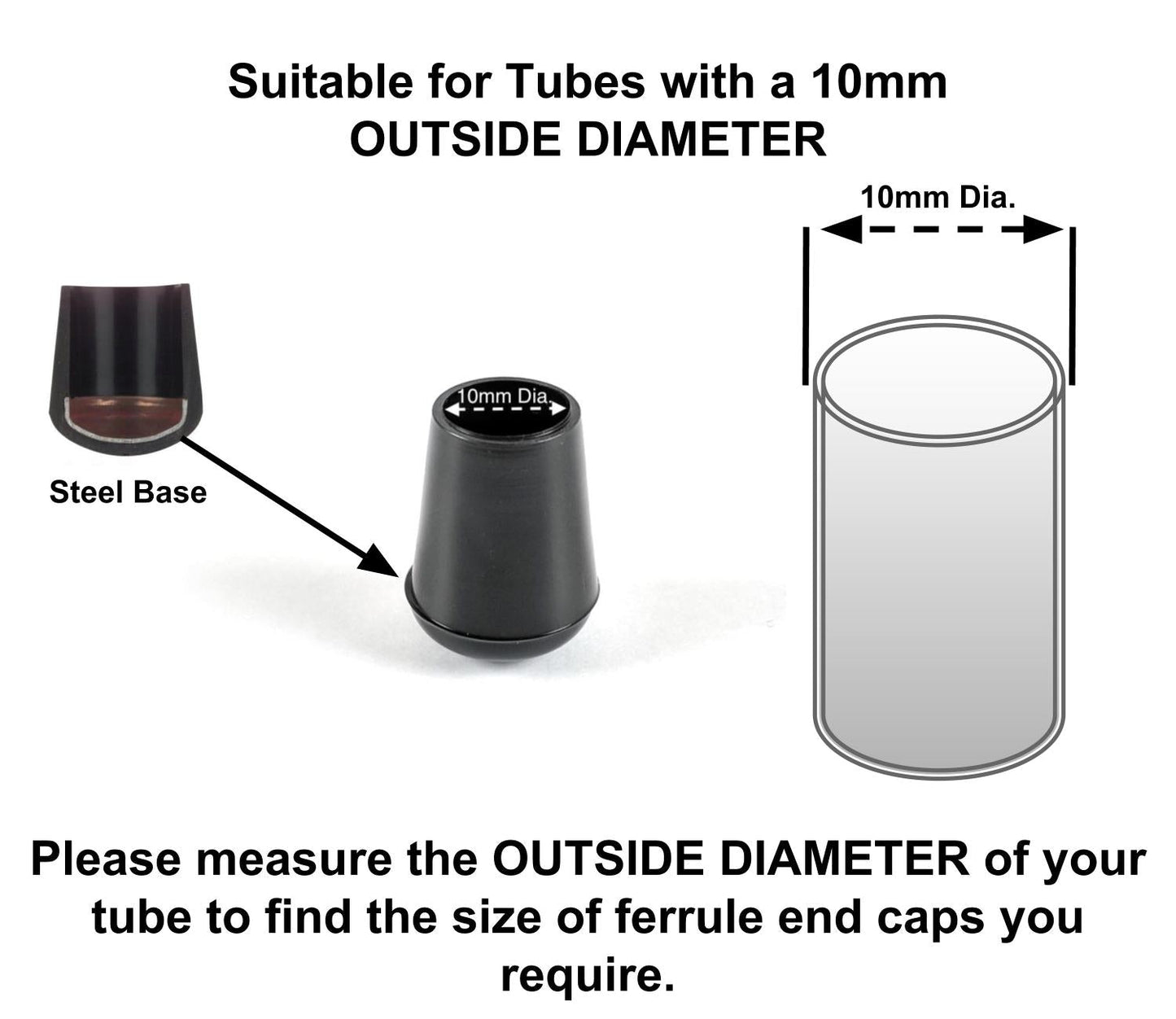 10mm Black Rubber Ferrules with Steel Base Insert - Made in Germany - Keay Vital Parts