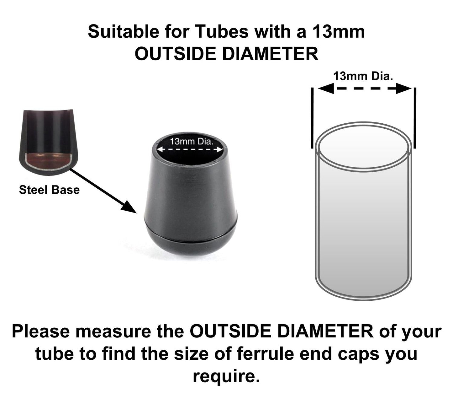 13mm Black Rubber Ferrules with Steel Base Insert - Made in Germany - Keay Vital Parts