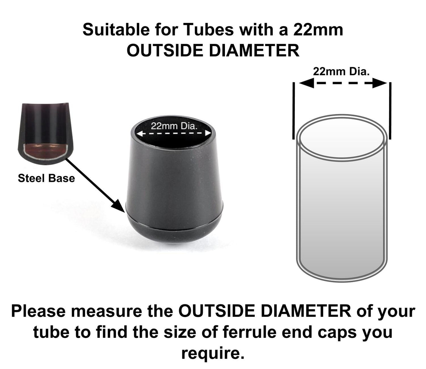 22mm Black Rubber Ferrules with Steel Base Insert - Made in Germany - Keay Vital Parts