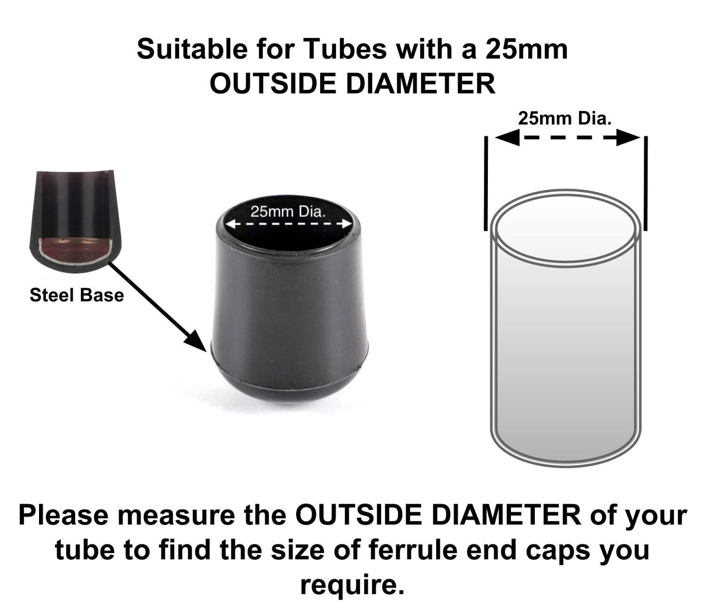25mm Black Rubber Ferrules with Steel Base Insert - Made in Germany - Keay Vital Parts