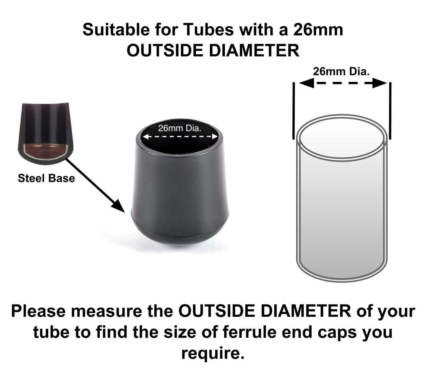 26mm Black Rubber Ferrules with Steel Base Insert - Made in Germany - Keay Vital Parts