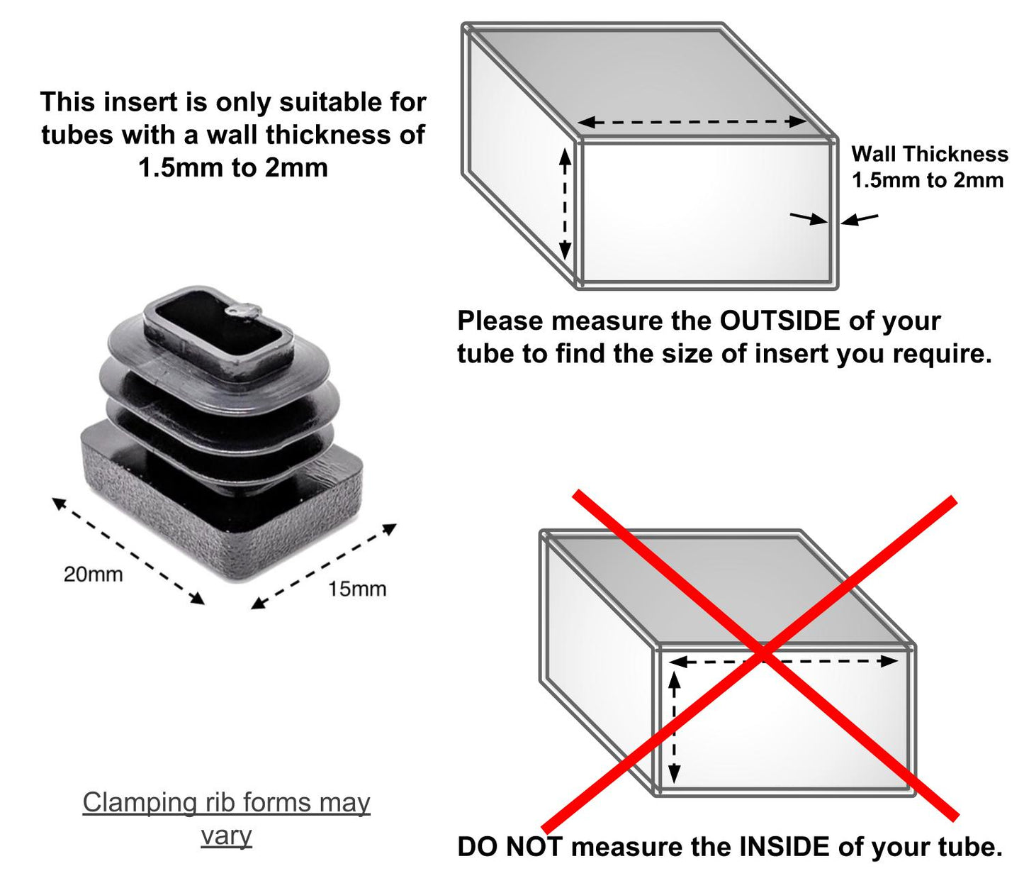 Rectangular Tube Inserts 20mm x 15mm Black | Made in Germany | Keay Vital Parts - Keay Vital Parts