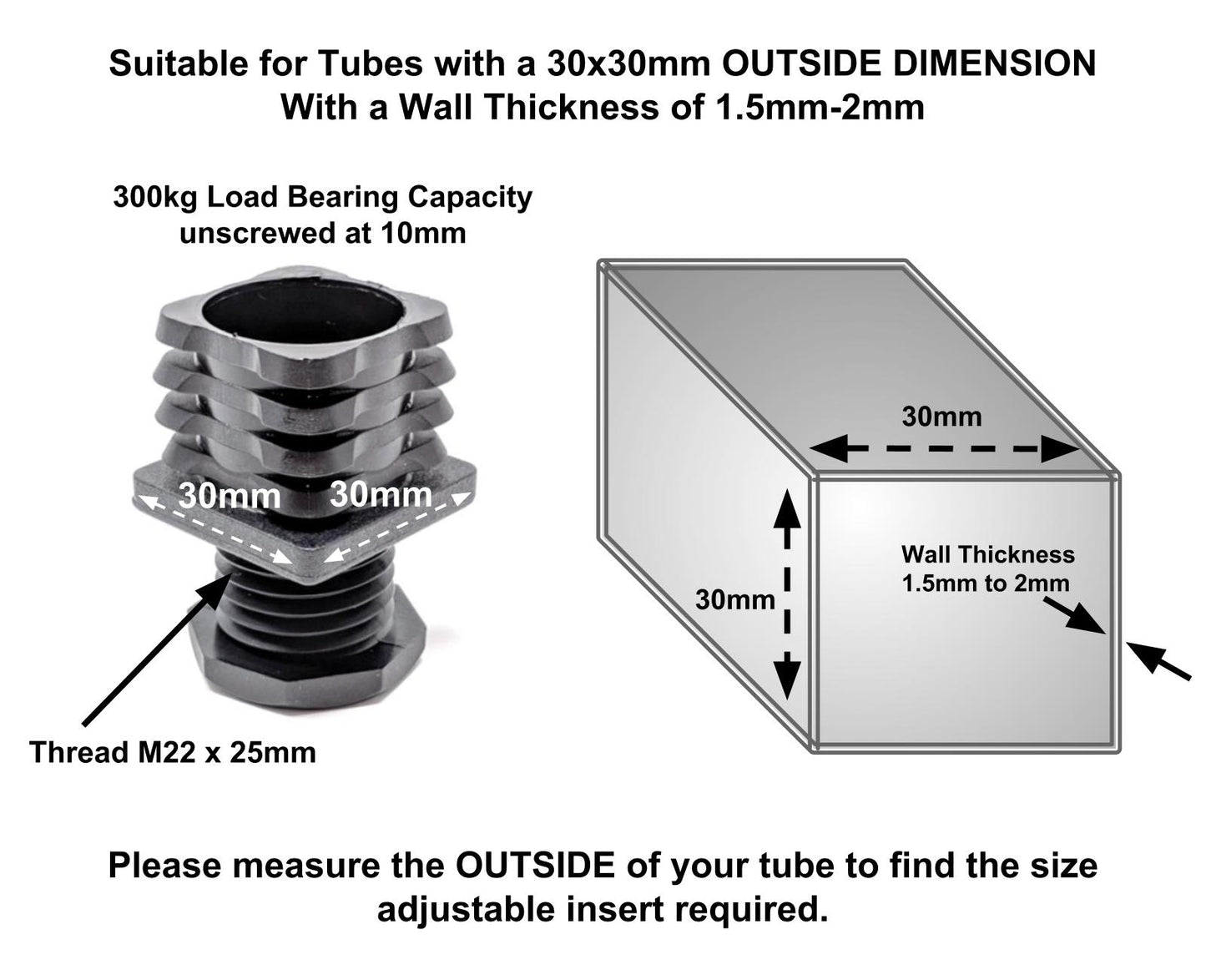 Square Tube Inserts 30mm x 30mm Height Adjustable | Made in Germany | Keay Vital Parts - Keay Vital Parts