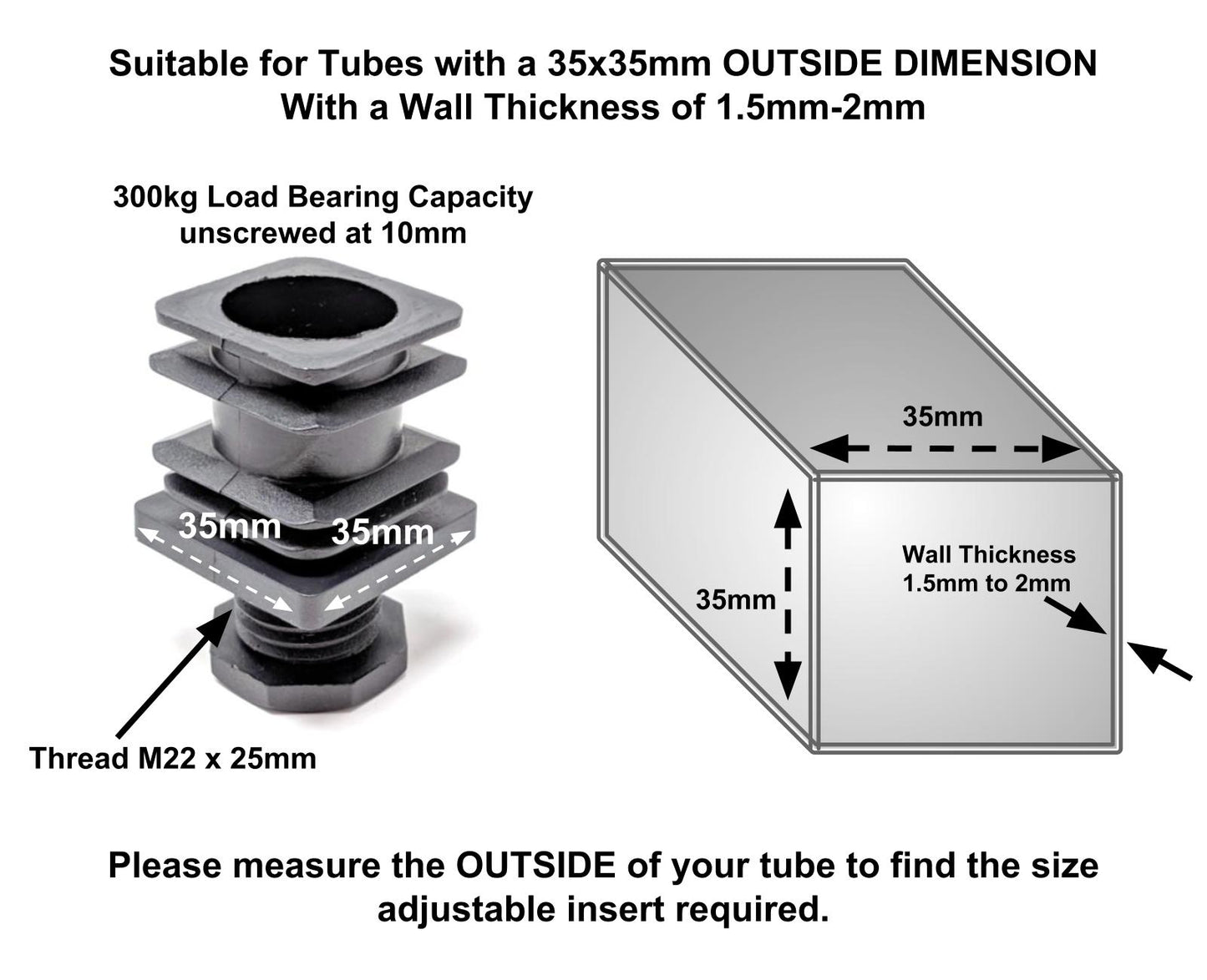 Square Tube Inserts 35mm x 35mm Height Adjustable | Made in Germany | Keay Vital Parts - Keay Vital Parts