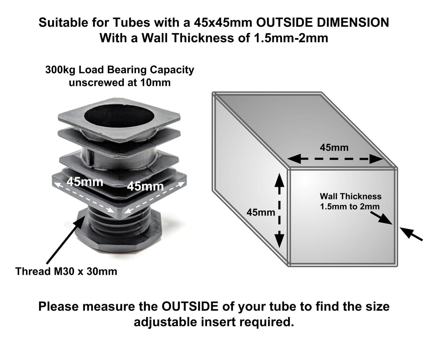 Square Tube Inserts 45mm x 45mm Height Adjustable | Made in Germany | Keay Vital Parts - Keay Vital Parts