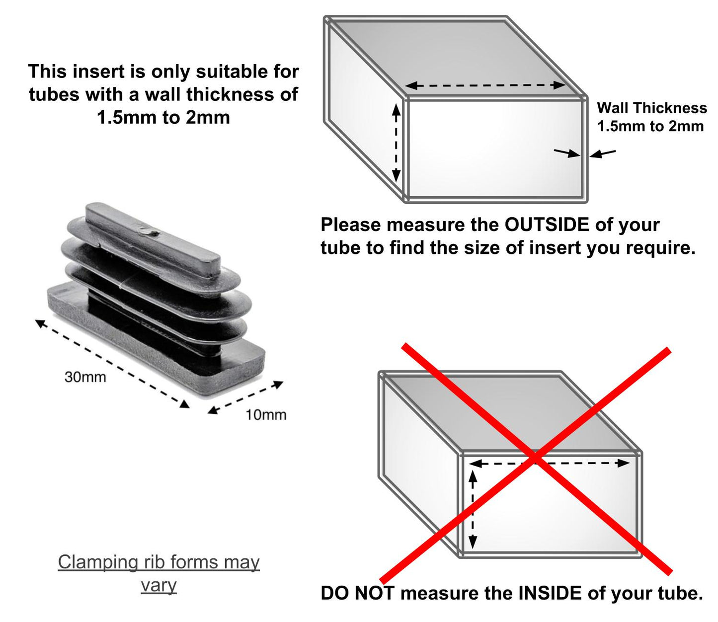 Rectangular Tube Inserts 30mm x 10mm Black | Made in Germany | Keay Vital Parts - Keay Vital Parts