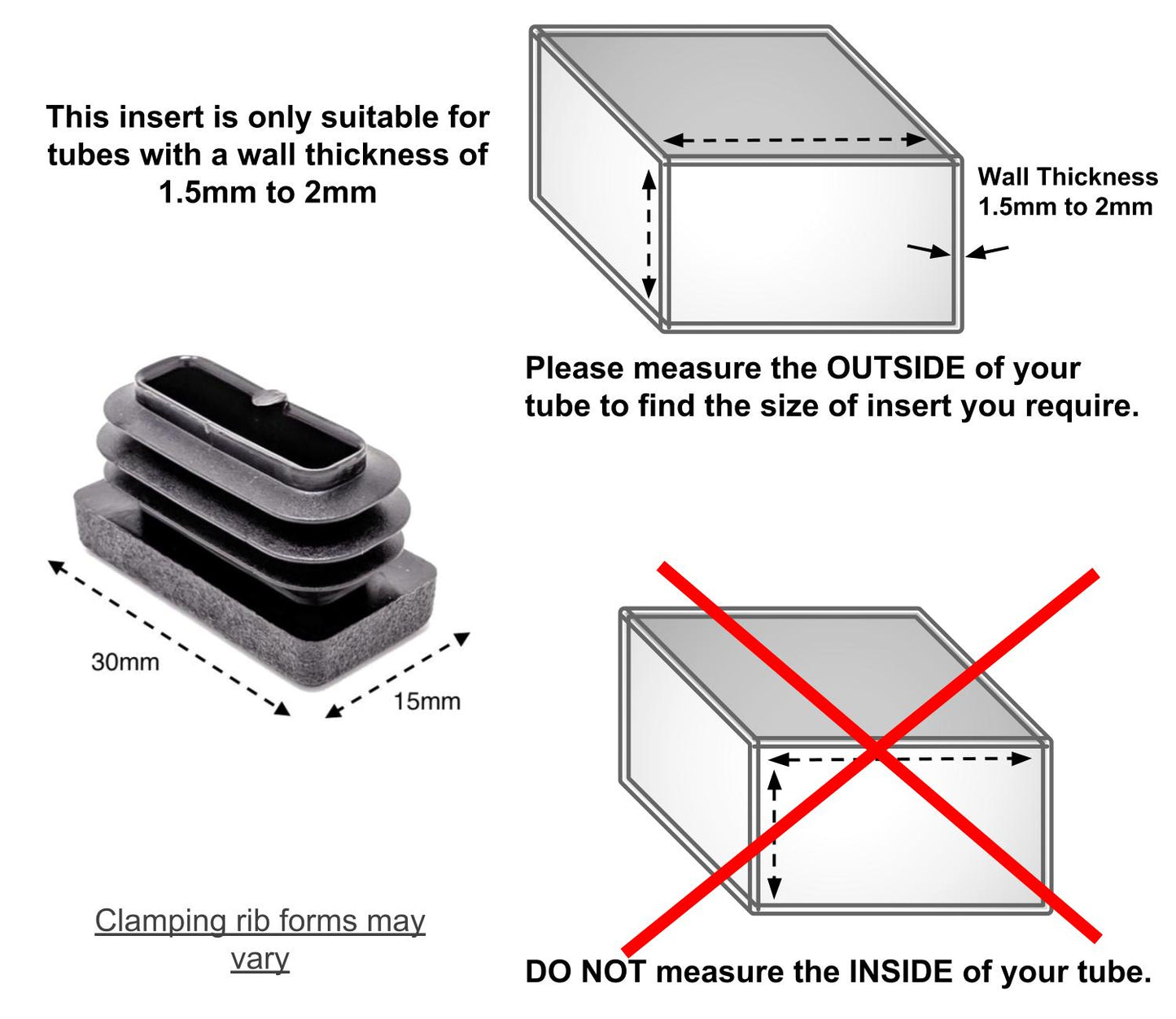 Rectangular Tube Inserts 30mm x 15mm Black | Made in Germany | Keay Vital Parts - Keay Vital Parts