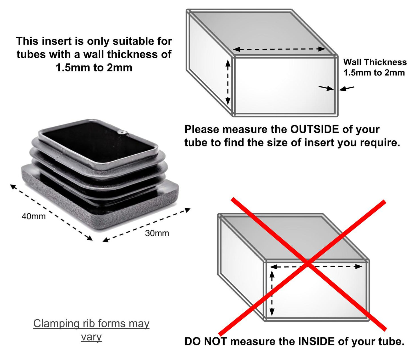 Rectangular Tube Inserts 40mm x 30mm Black | Made in Germany | Keay Vital Parts - Keay Vital Parts