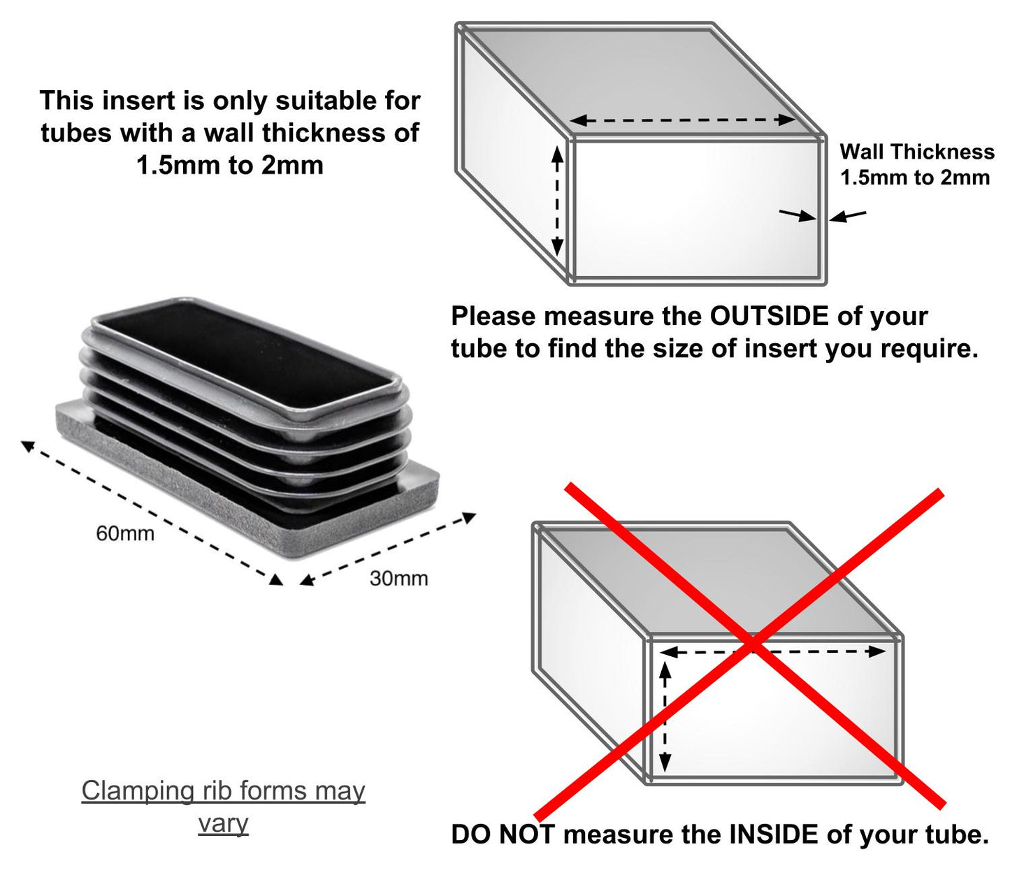 Rectangular Tube Inserts 60mm x 30mm Black | Made in Germany | Keay Vital Parts - Keay Vital Parts