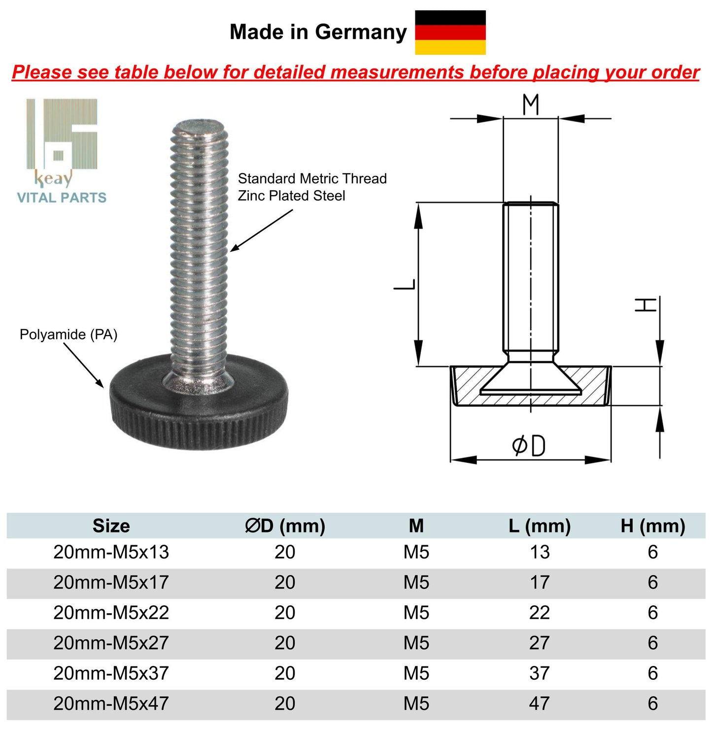 M5 Adjustable Feet Low Profile | Made in Germany | Keay Vital Parts