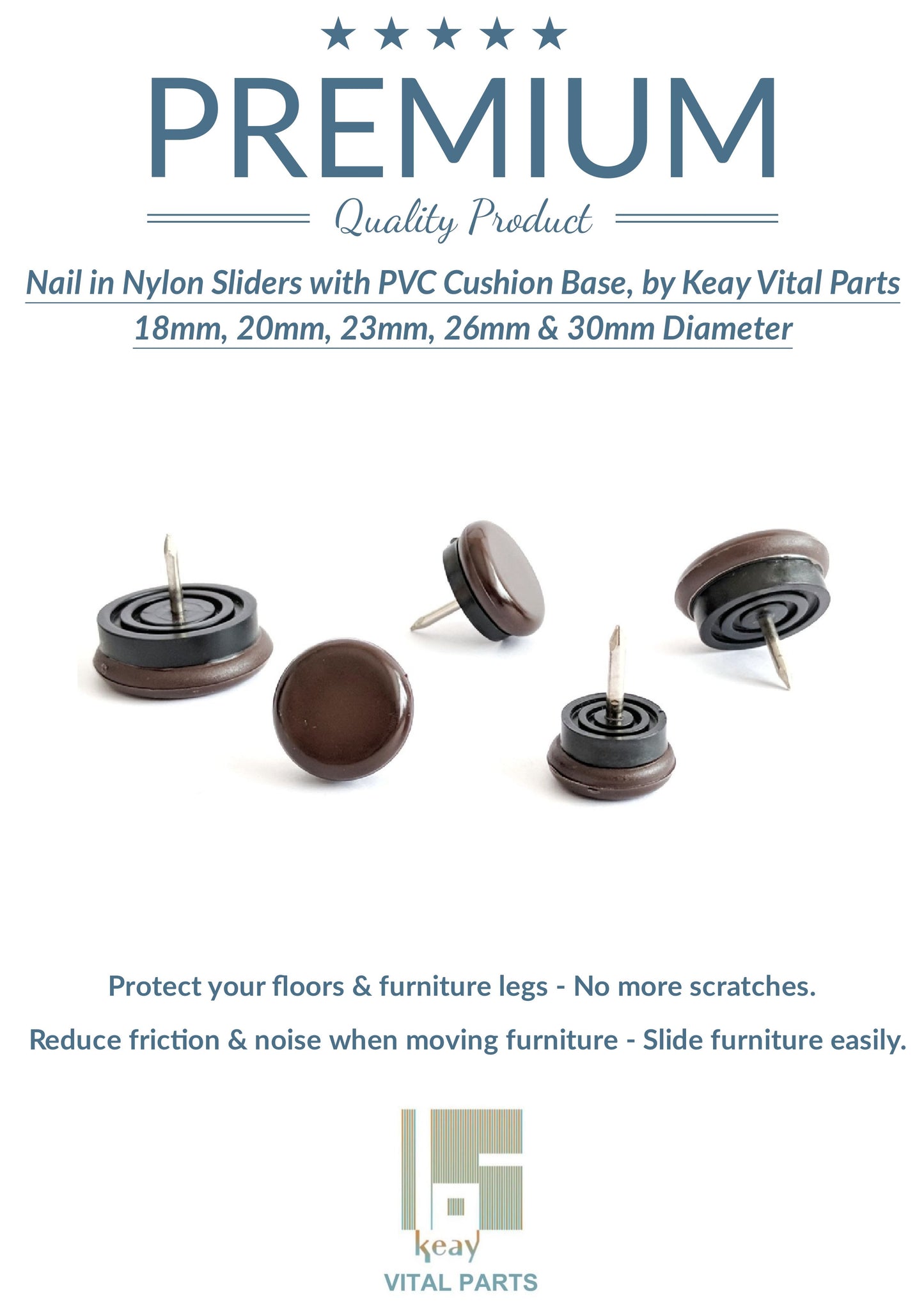 18mm Nylon Furniture Gliders Nail in Brown - Made in Germany - Keay Vital Parts