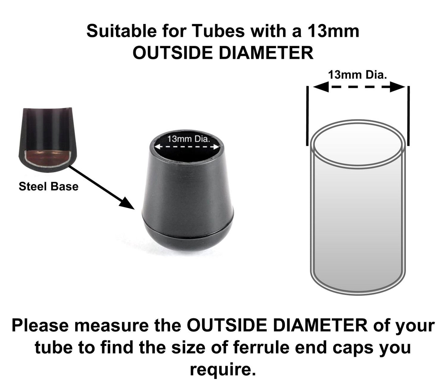 13mm Black Rubber Ferrules with Steel Base Insert - Made in Germany - Keay Vital Parts