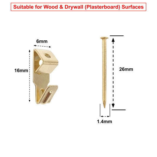 6x16mm Picture Hooks Frame Hangers Brass Plated with Steel Pins - Made in Germany - Keay Vital Parts