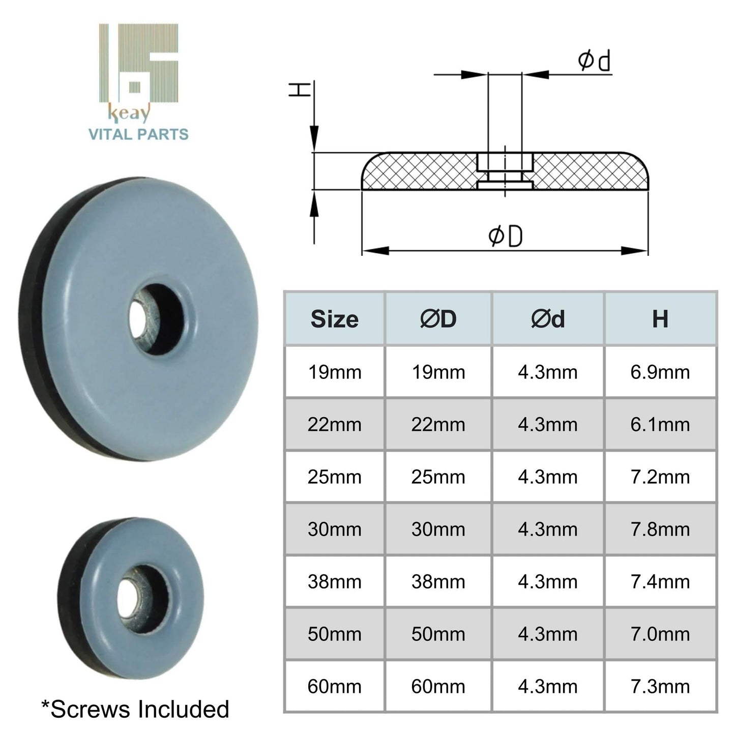 Screw-On PTFE Furniture Glides | 19mm, 22mm, 25mm, 30mm, 38mm, 50mm, 60mm | Keay Vital Parts