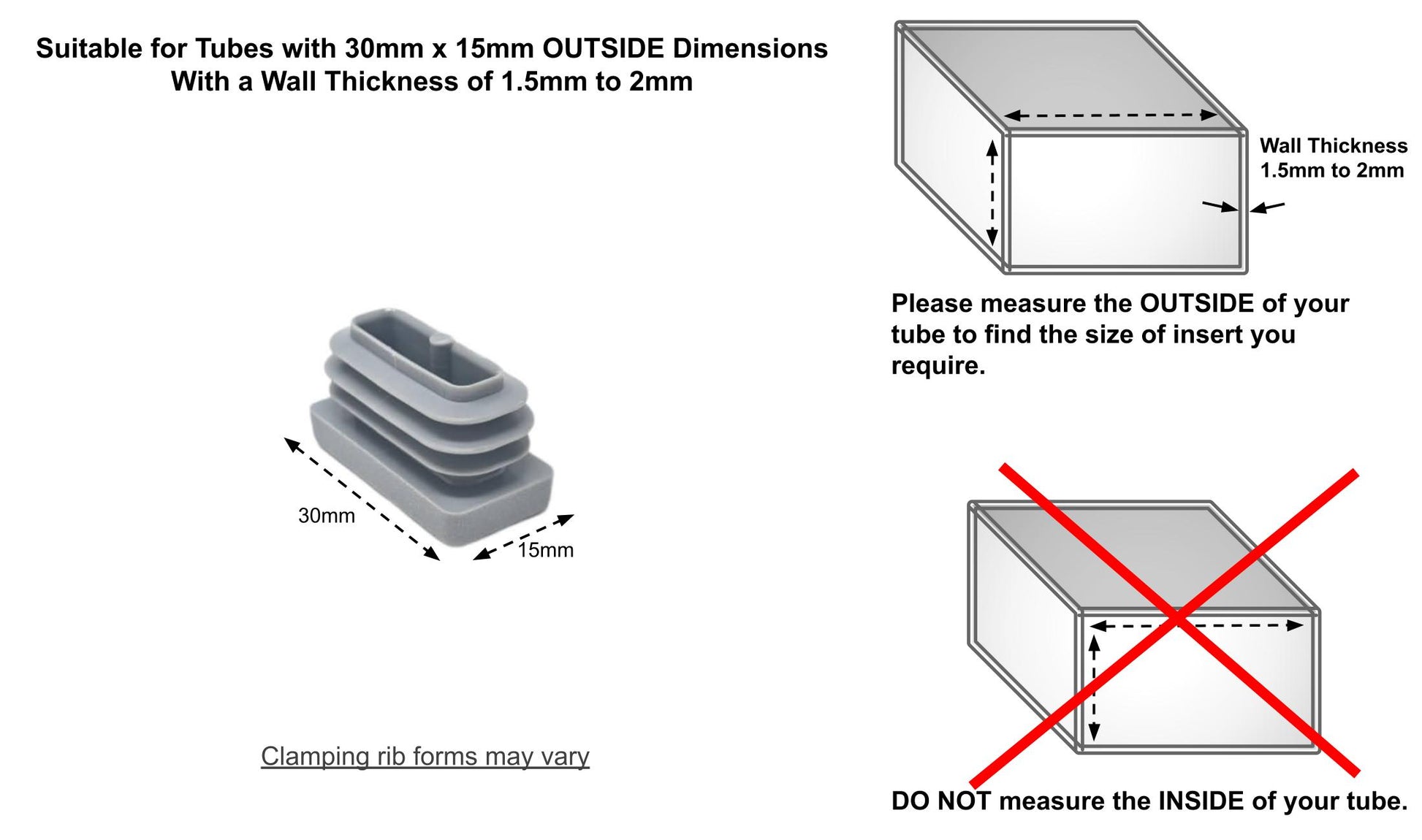 30x15mm Rectangular Tube Inserts (Available in Black, White & Grey) | Made in Germany | Keay Vital Parts - Keay Vital Parts