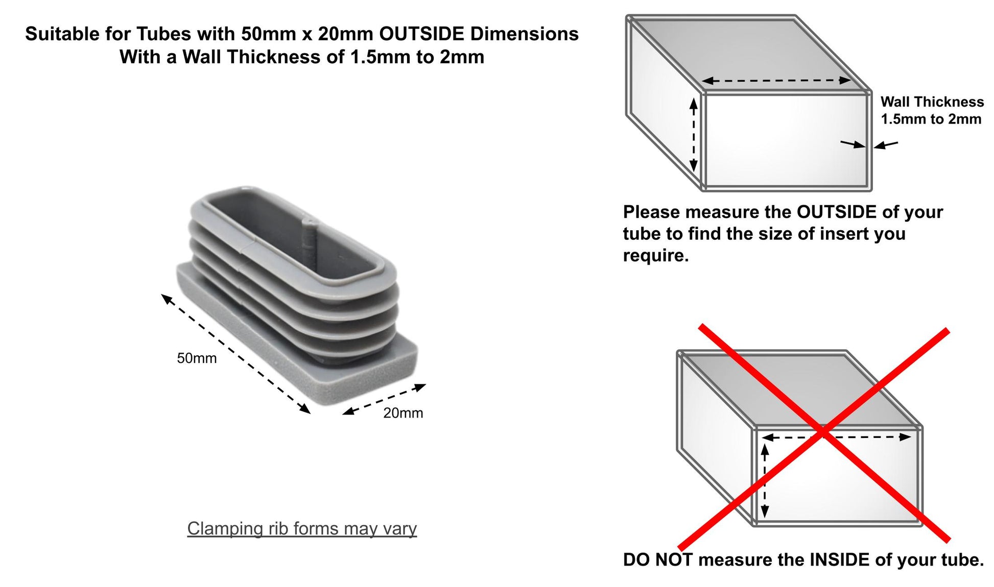 50x20mm Rectangular Tube Inserts (Available in Black, White & Grey) | Made in Germany | Keay Vital Parts - Keay Vital Parts