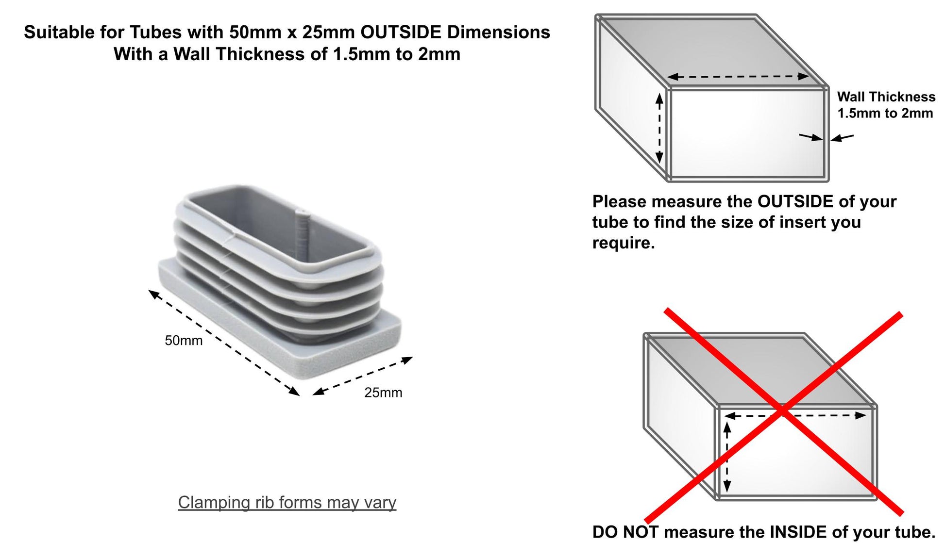 50x25mm Rectangular Tube Inserts (Available in Black, White & Grey) | Made in Germany | Keay Vital Parts - Keay Vital Parts