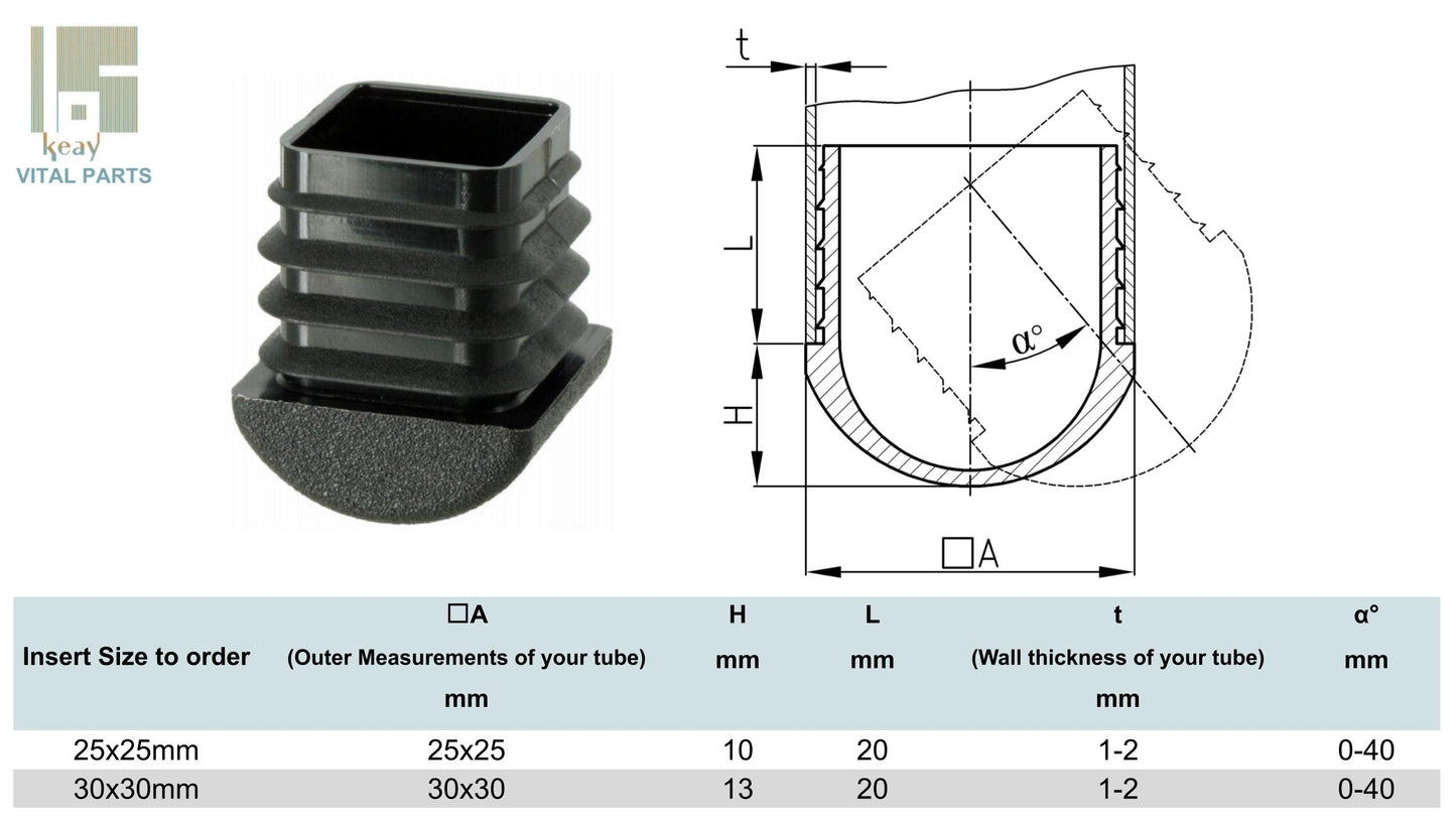 25x25mm Domed Square Tube Inserts | Made in Germany | Keay Vital Parts