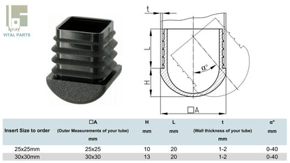 25x25mm Domed Square Tube Inserts | Made in Germany | Keay Vital Parts