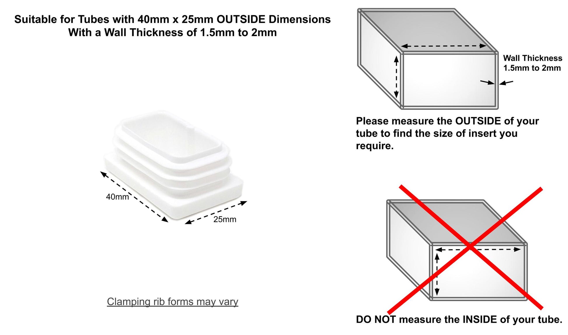 40x25mm Rectangular Tube Inserts (Available in Black, White & Grey) | Made in Germany | Keay Vital Parts - Keay Vital Parts