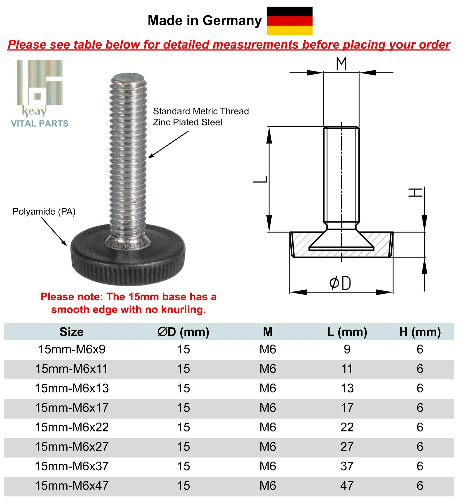 Adjustable Feet Low Profile (15mm & 20mm Base - M5 & M6) | Made in Germany | Keay Vital Parts - Keay Vital Parts