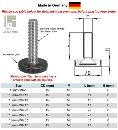 Adjustable Feet Low Profile (15mm & 20mm Base - M5 & M6) | Made in Germany | Keay Vital Parts - Keay Vital Parts