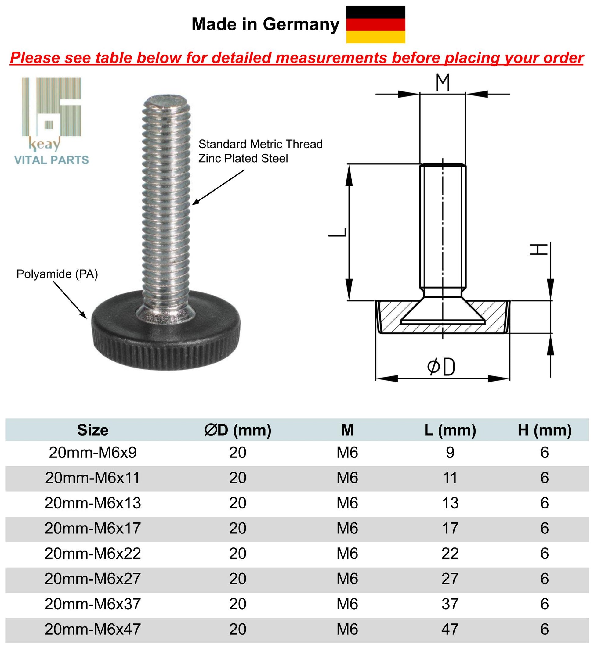 Adjustable Feet Low Profile (15mm & 20mm Base - M5 & M6) | Made in Germany | Keay Vital Parts - Keay Vital Parts