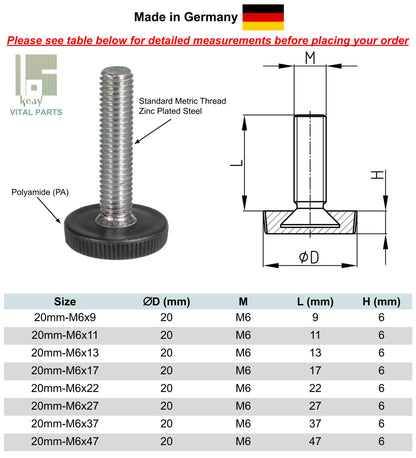 Adjustable Feet Low Profile (15mm & 20mm Base - M5 & M6) | Made in Germany | Keay Vital Parts - Keay Vital Parts