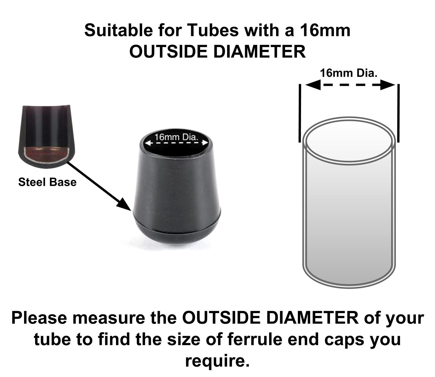 16mm Black Rubber Ferrules with Steel Base Insert - Made in Germany - Keay Vital Parts