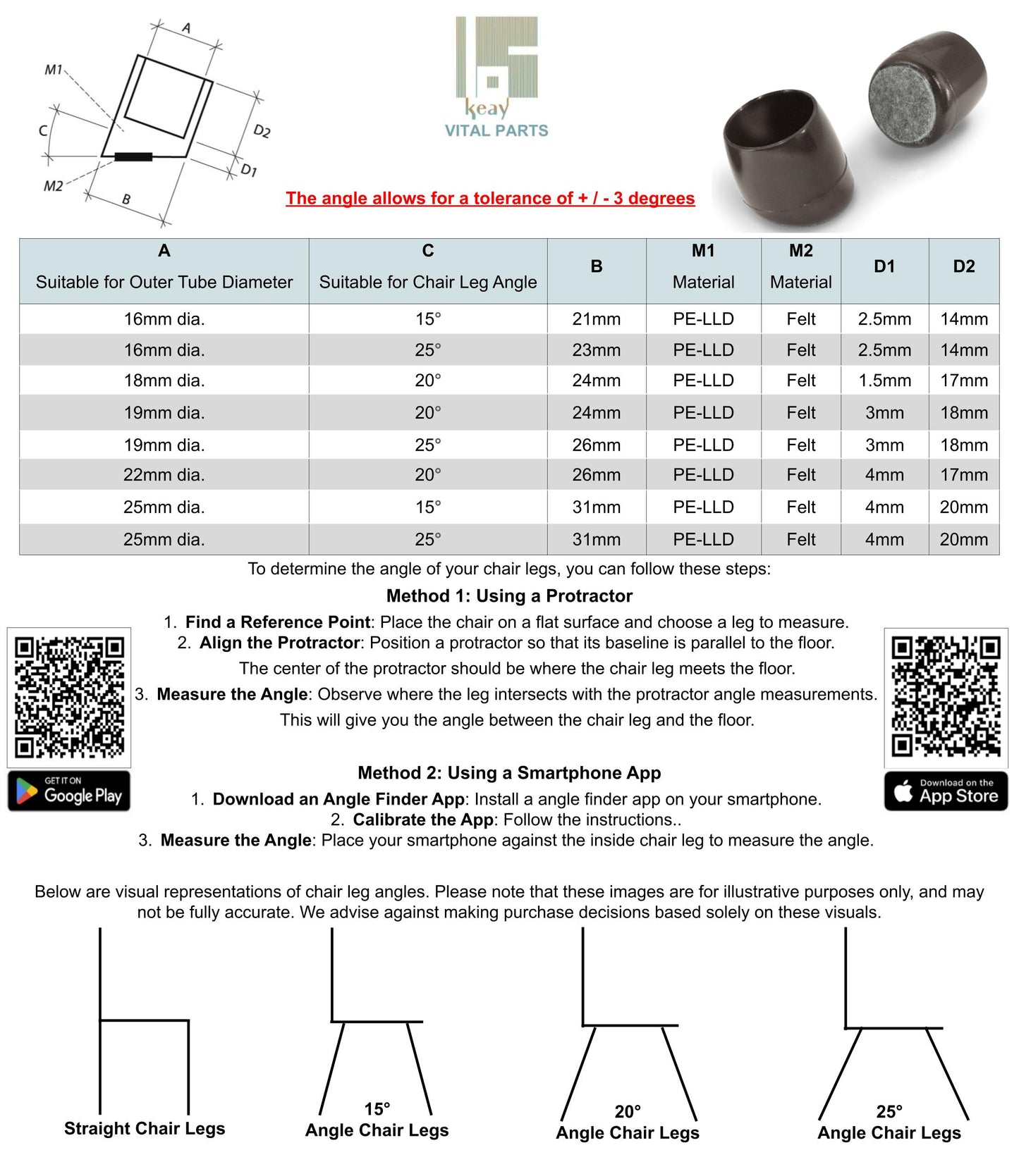 Ferrule End Caps for Angled Chair Legs (Felt Base) - Replacement Feet For School Chairs | Keay Vital Parts