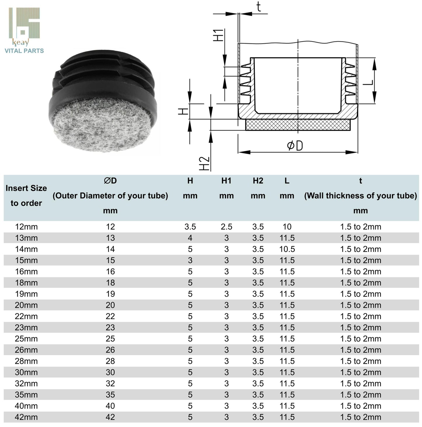 Tube Inserts with Felt for Chair & Furniture Legs | Made in Germany | Keay Vital Parts - Keay Vital Parts