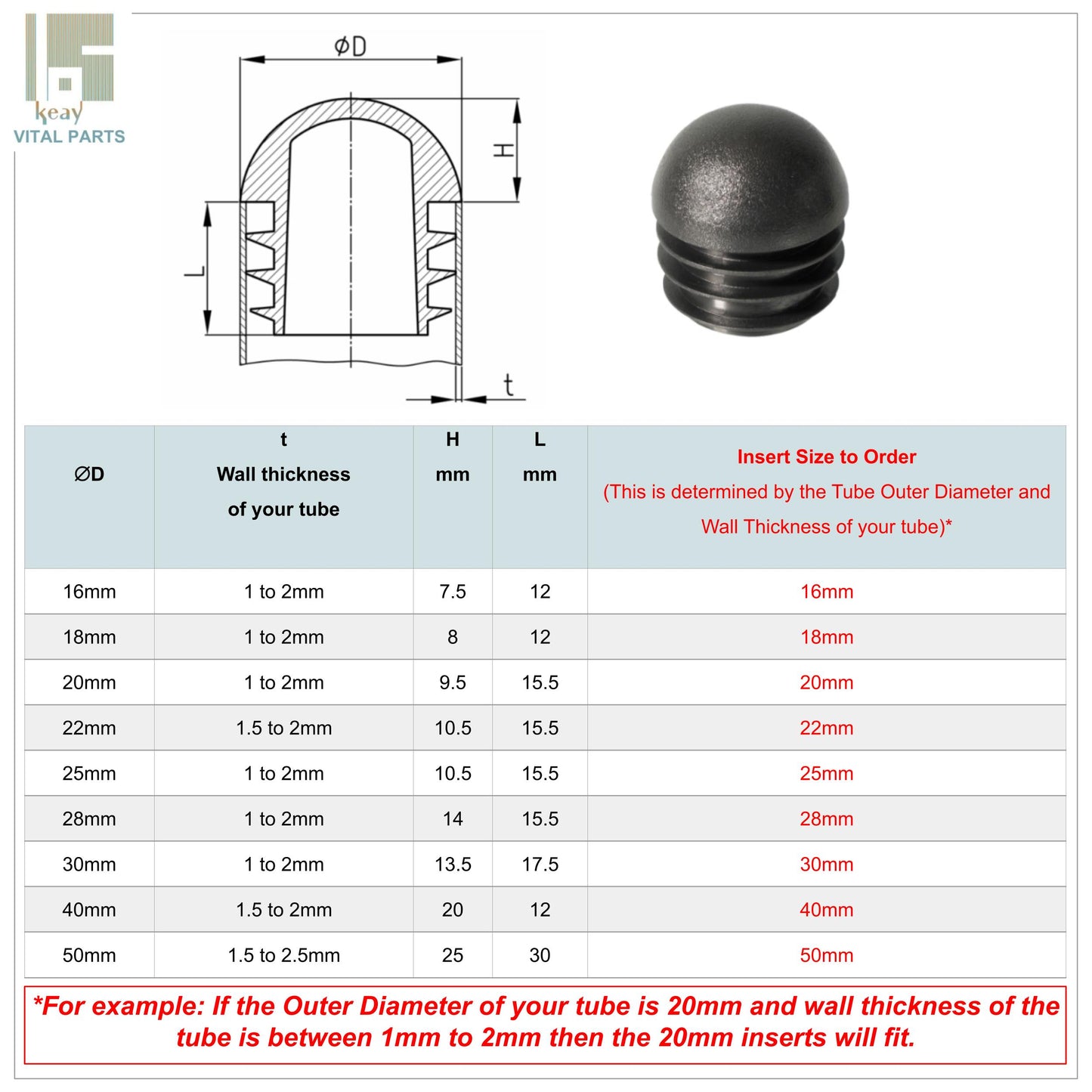 Domed Tube Inserts, Round Blanking End Caps | Made in Germany | Keay Vital Parts