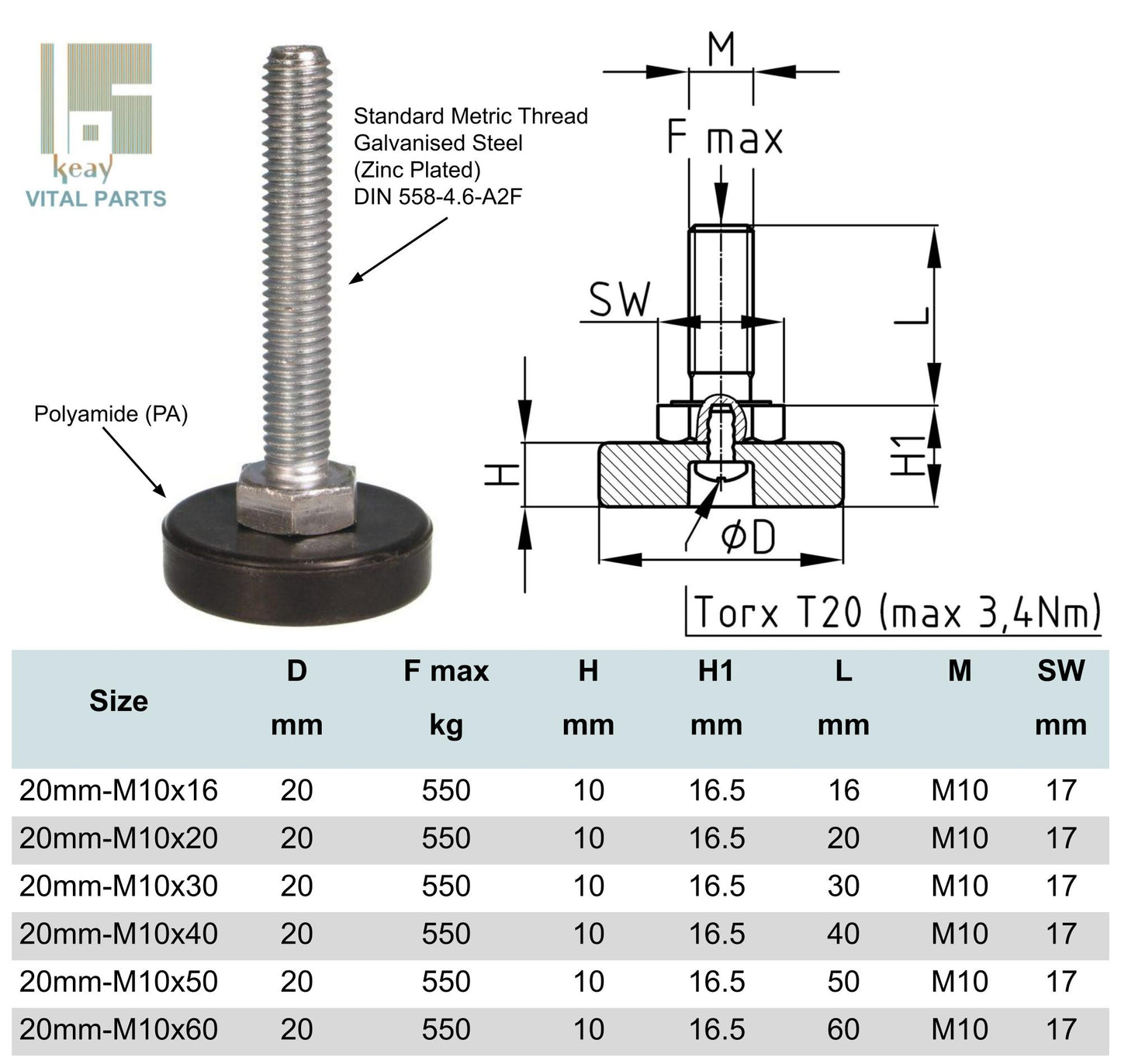 Adjustable Feet Weight Rated (20mm, 25mm, 30mm Base - M8, M10, M12)| Made in Germany | Keay Vital Parts