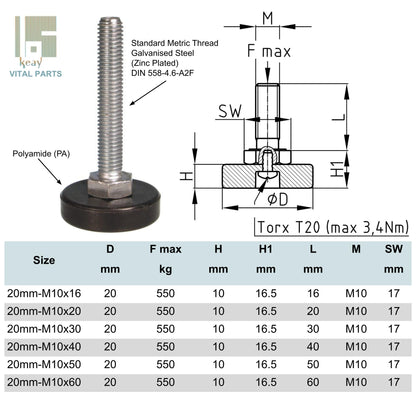 Adjustable Feet Weight Rated (20mm, 25mm, 30mm Base - M8, M10, M12)| Made in Germany | Keay Vital Parts