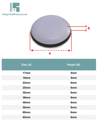 Stick-On PTFE Furniture Glides | 17mm, 19mm, 22mm, 25mm, 30mm, 38mm, 40m, 50mm, 60mm & 65mm | Keay Vital Parts - Keay Vital Parts