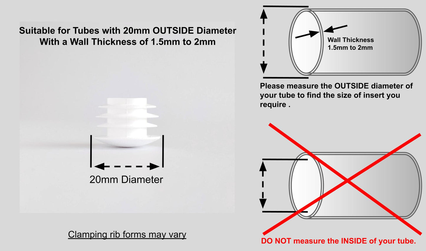 20mm Low Domed Round Tube Inserts (Available in Black or White) | Made in Germany | Keay Vital Parts