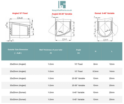 Square Tube Inserts Glides (Available in Domed & Angled Base) | Made in Germany | Keay Vital Parts