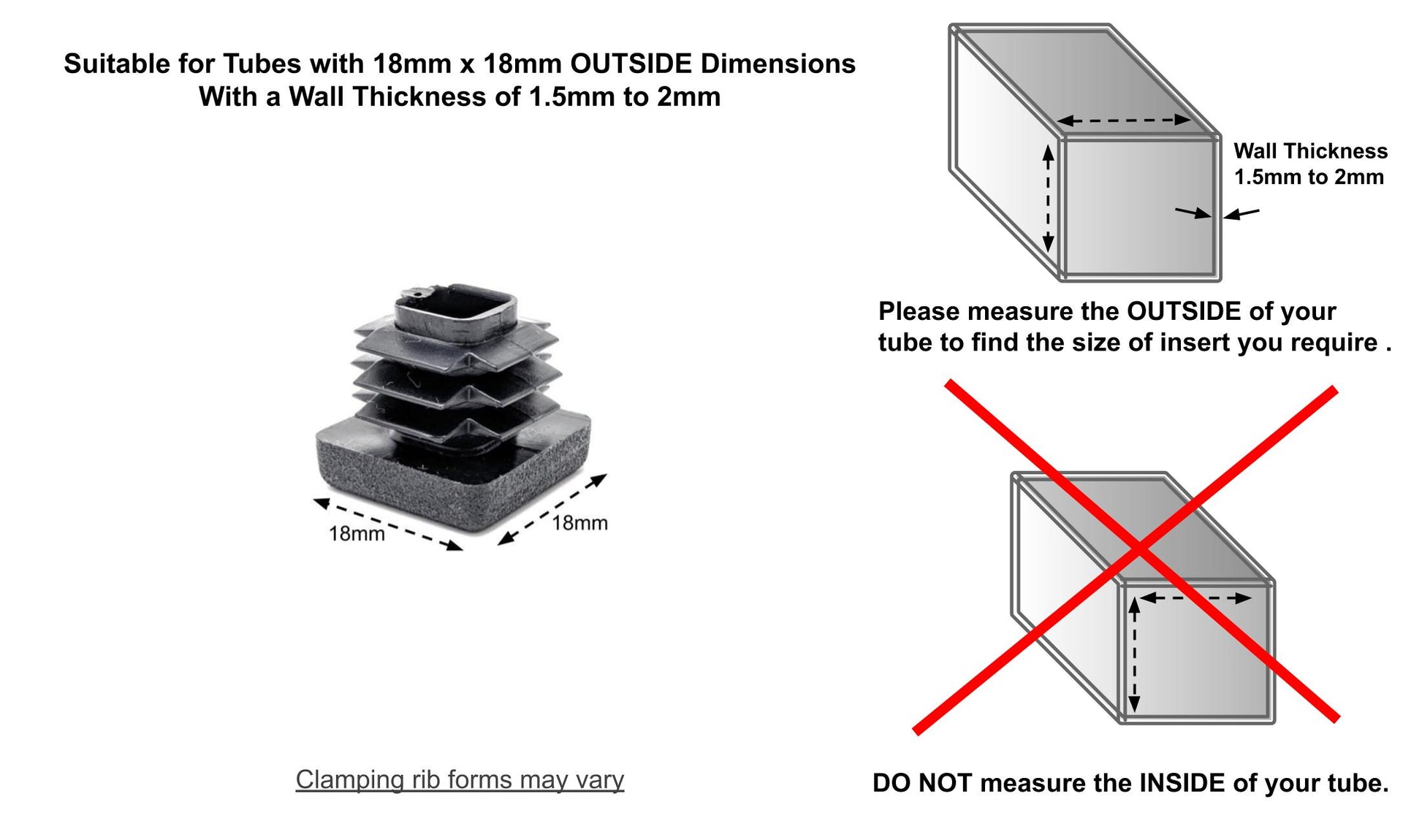 Square Tube Inserts 18mm x 18mm Black | Made in Germany | Keay Vital Parts - Keay Vital Parts