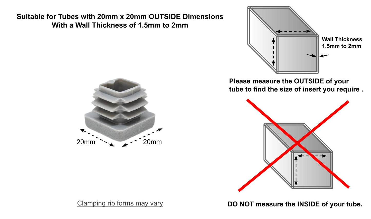 Square Tube Inserts 20mm x 20mm Grey | Made in Germany | Keay Vital Parts - Keay Vital Parts