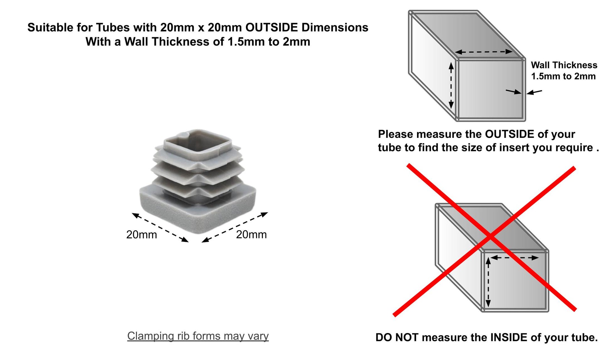 Square Tube Inserts 20mm x 20mm Grey | Made in Germany | Keay Vital Parts - Keay Vital Parts